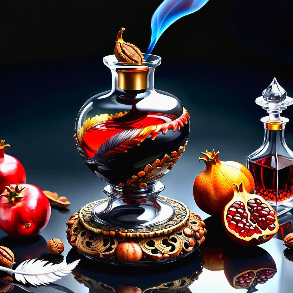 Surreal Still Life with Quill and Pomegranate