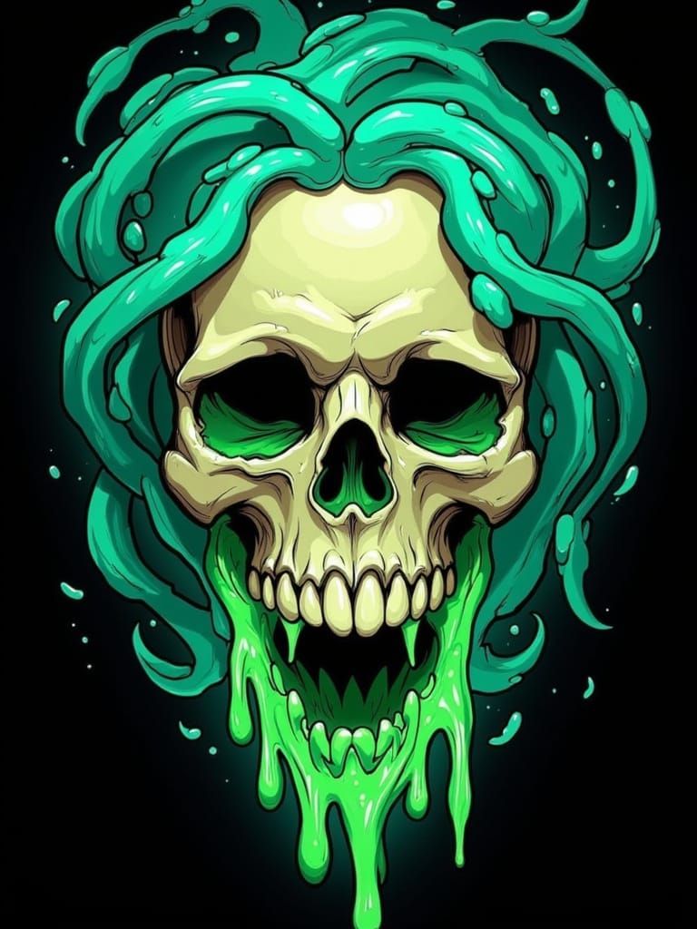 <lora:Bold lines:1.0> Skull with witch har, bone turning into liquid and dripping down, in vibrant green cyan colors, its should be in new s...
