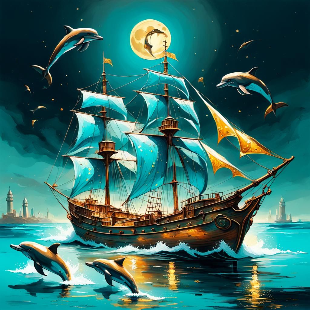 a caravel painted in rusty gold, with transparent light blue...