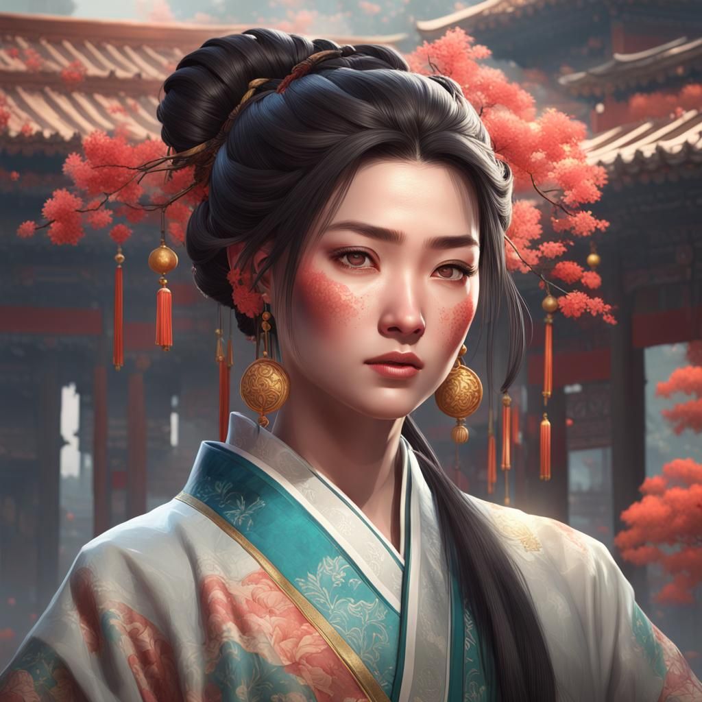a woman with a traditional chinesse hair style and clothes