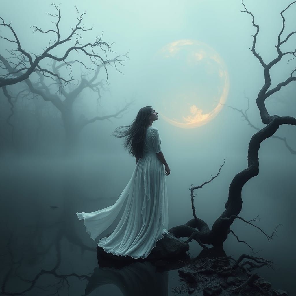 Eerie Lakeside Woman in Surreal Dreamscape