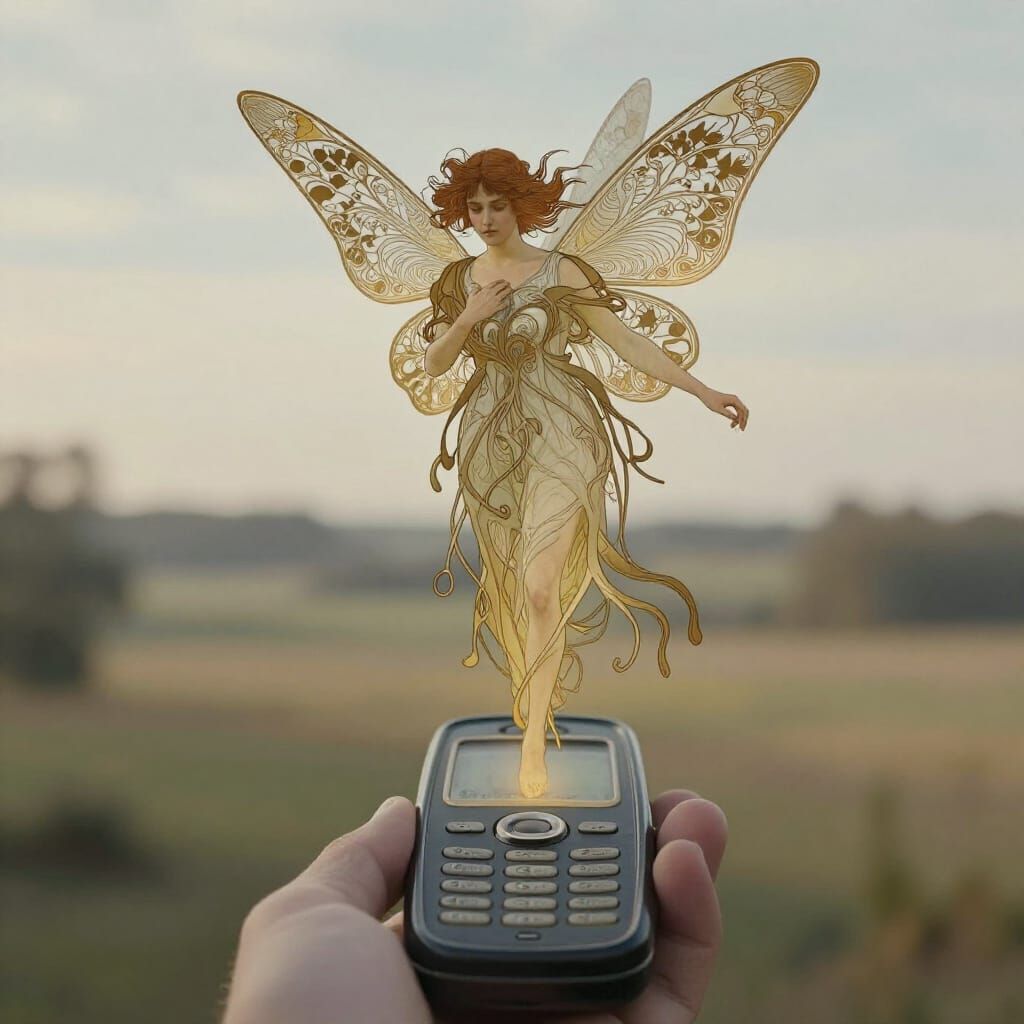 Art Nouveau Fairy Over Vintage Cell Phone in Golden Hour