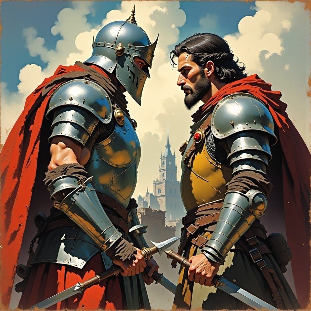 <lora:Medieval Mastery:1.0> Two medieval warriors face each other in single combat, each a picture of strength and readiness. On one side st...
