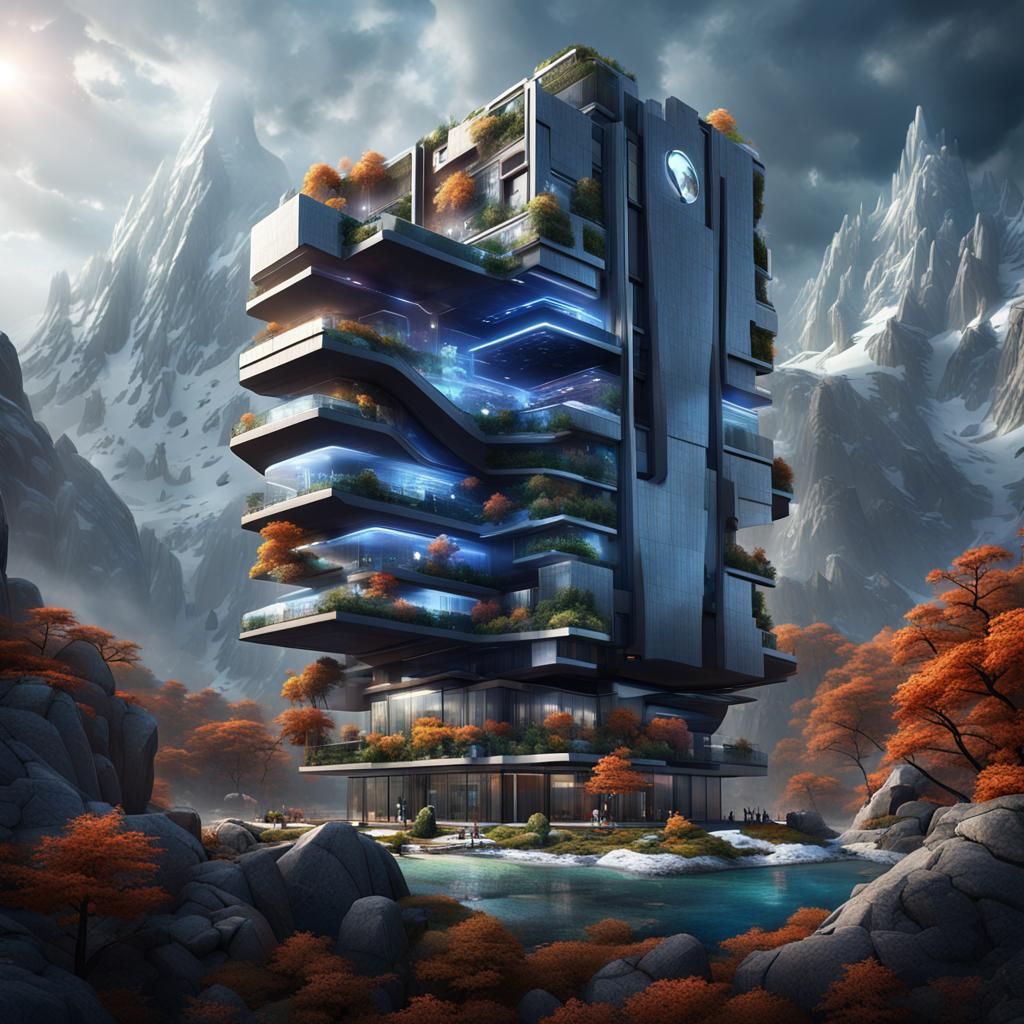 Make a futuristic skyscraper very stylish like man cave semi...