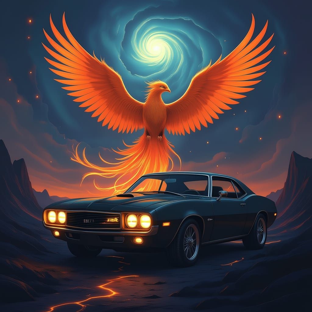 A majestic phoenix rising from a volcanic caldera, its feathers shimmering as neon lights with molten gold and ember hues. The surrounding l...