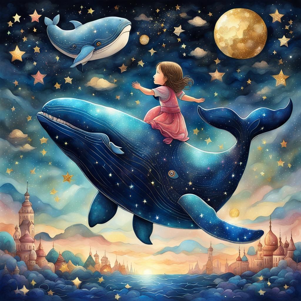 A little cute girl stretches hand to the night sky, stars in...