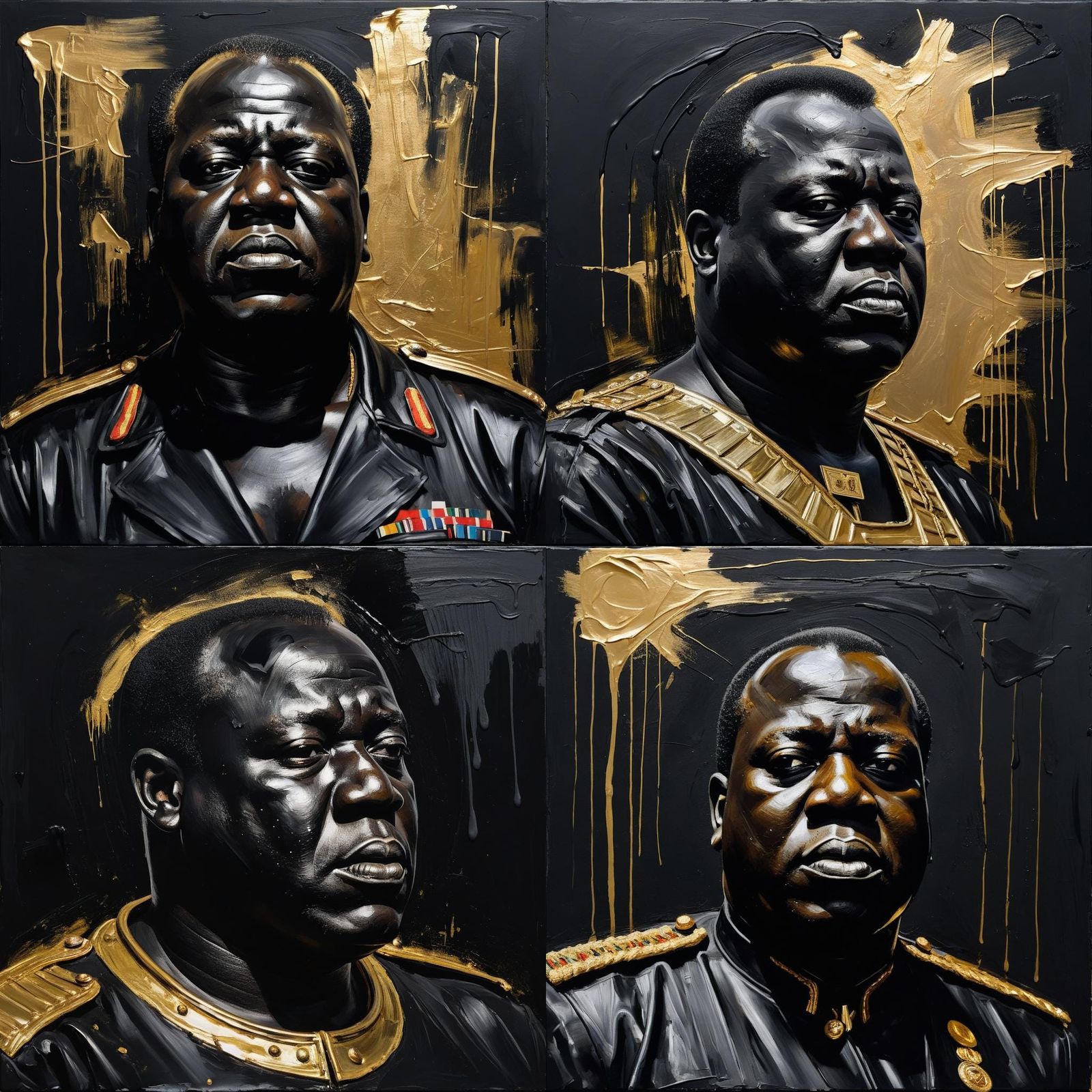 painting on an easel, a pitch black Idi Amin painted with matte black ...