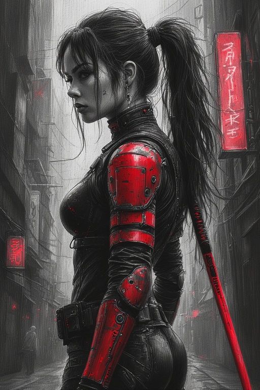 CYBERPUNK ANIME WOMAN IN A RED AND BLACK BODY ARMOR WITH A K...