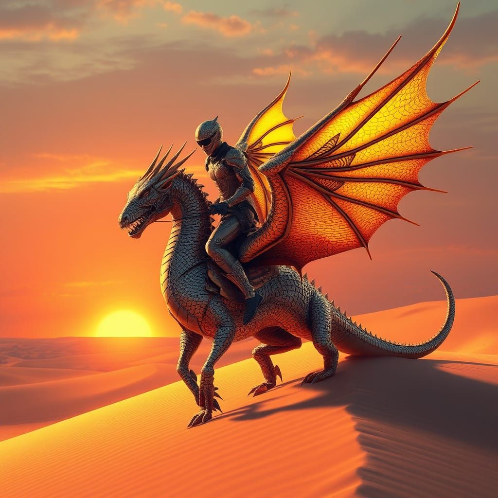 A lone cyber hunter with bright gold wings, riding a shimmering dragon across the sand dunes at sunset. The hunter is clad in sleek, futuris...