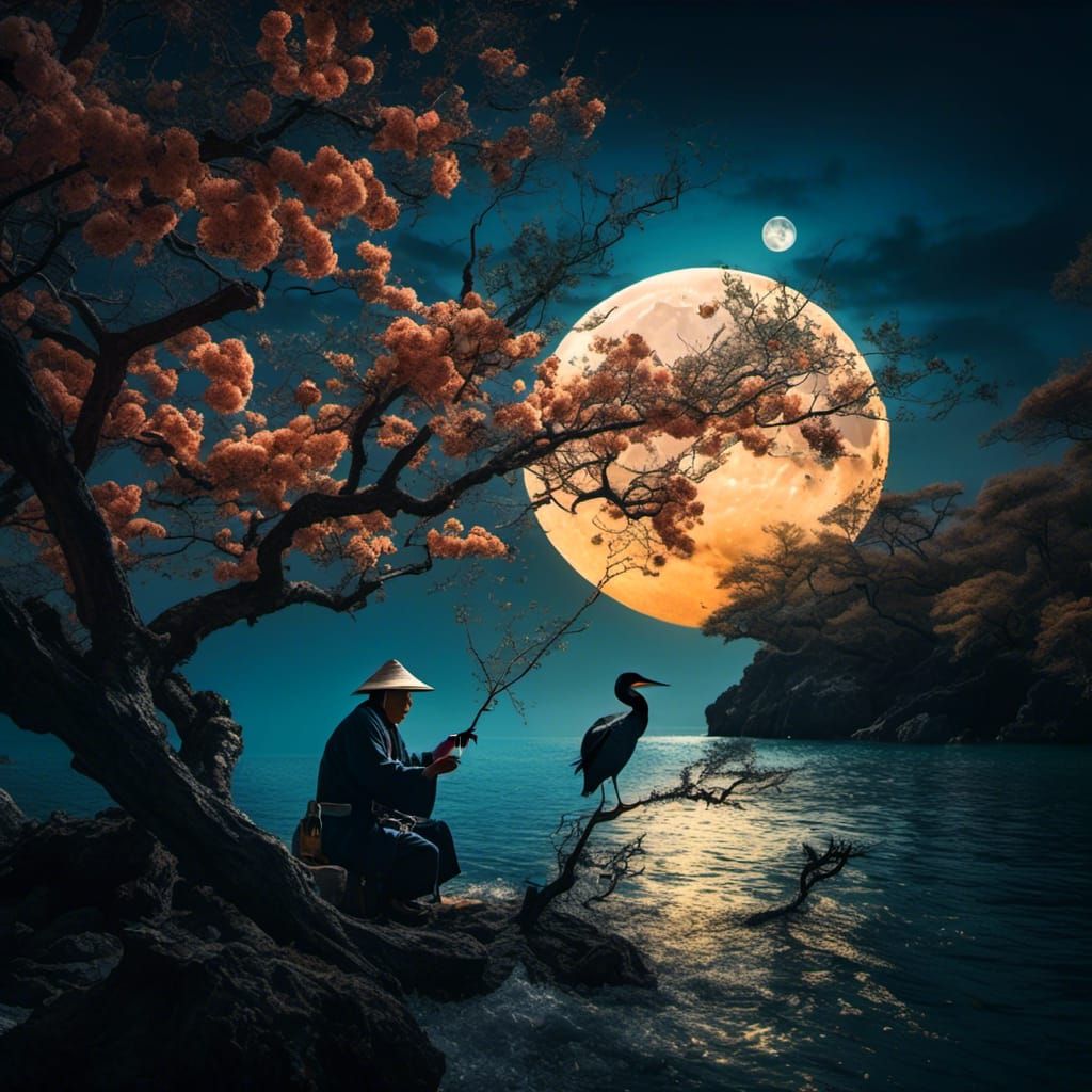 <lora:NC Hyperreal:1.0> asymmetrical composition, Fine art (photo:1.3) portrait of a Japanese fisherman feeding his cormorant under the glow...