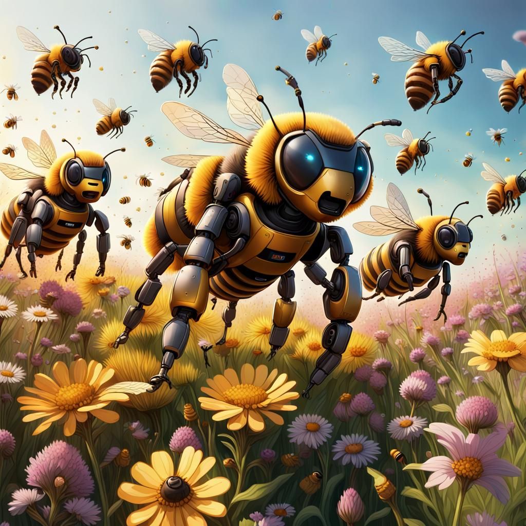 A huge swarm of robots in the form of bees flies over a flowering meadow, there is a beehive in the meadow ...  by @Sergey Gorkov