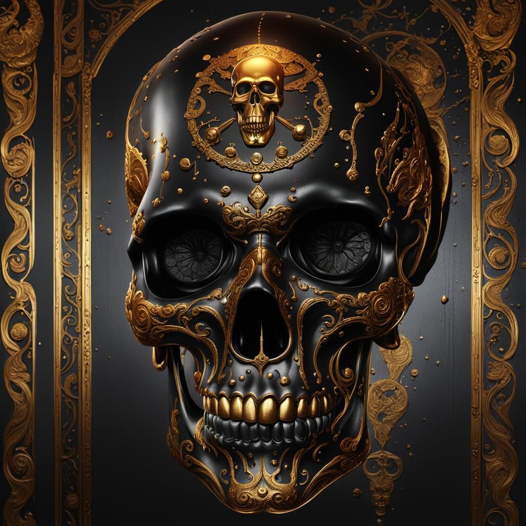 Black with gold Skull room Hyperrealistic, splash art, concept art, mid
