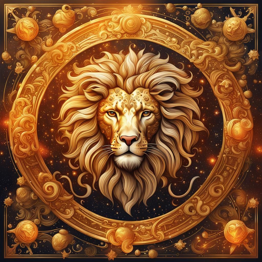 Produce radiant AI-generated images capturing the essence of the Leo zodiac sign in opulent gold hues, showcasing regal ...