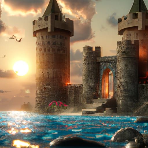 Medieval towers at sunset by the Adriatic