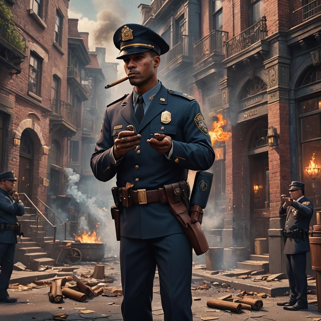 Young cop chip uniform smoking a cigar