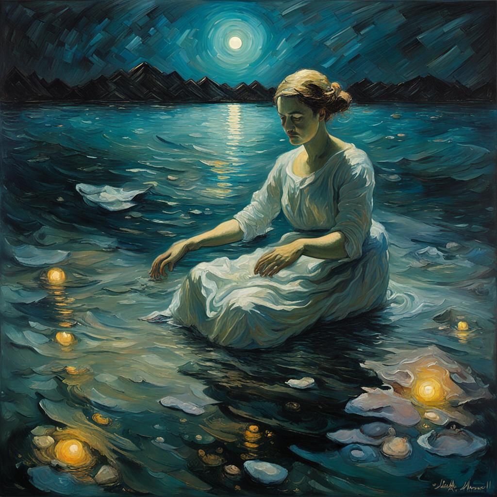 Woman Bathing in Lake: Neo-Impressionist Oil Painting