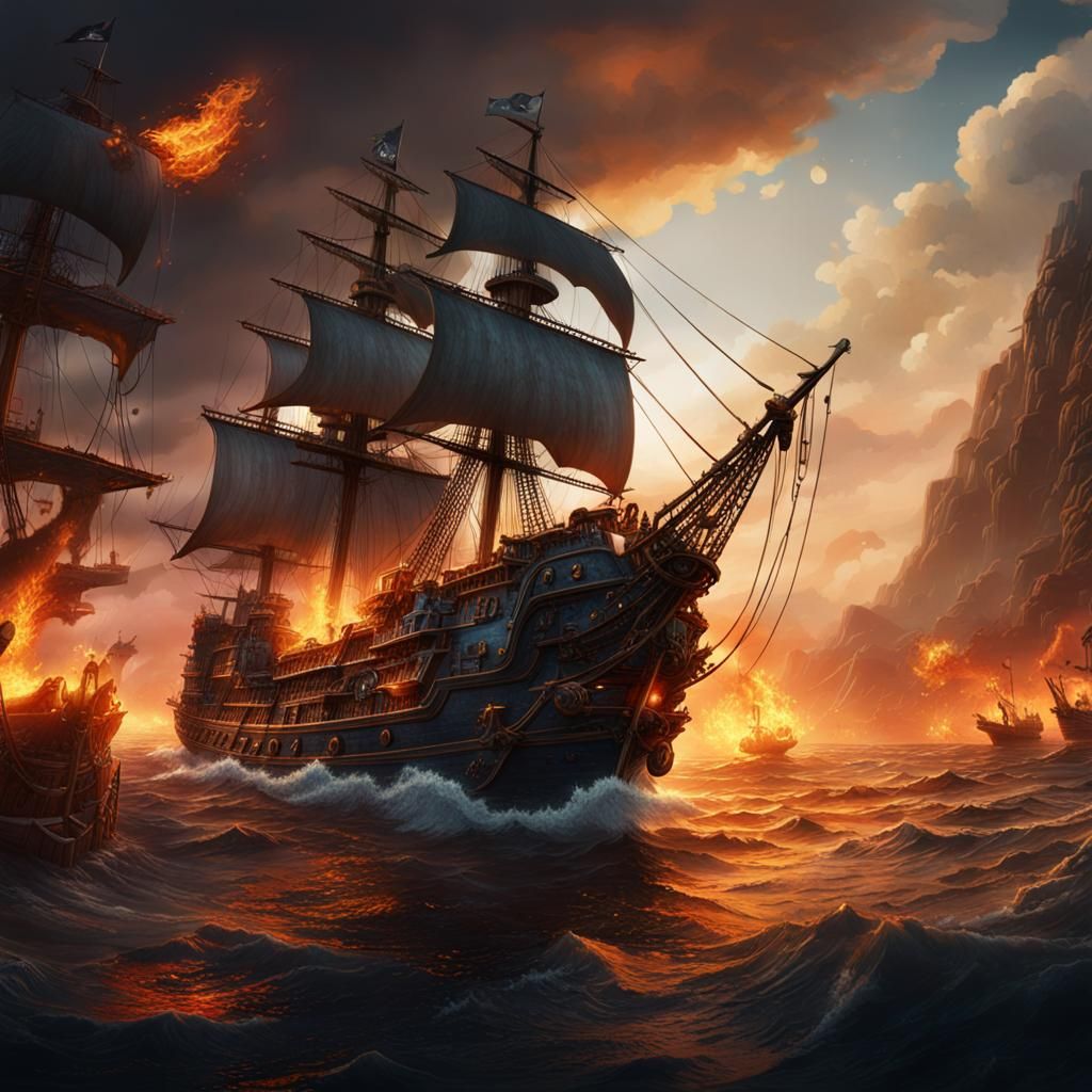 bataille naval, pirates, coup de feu,  flammes, abordage, detailed matte painting, deep color, fantastical, ...  by @Andoniaina