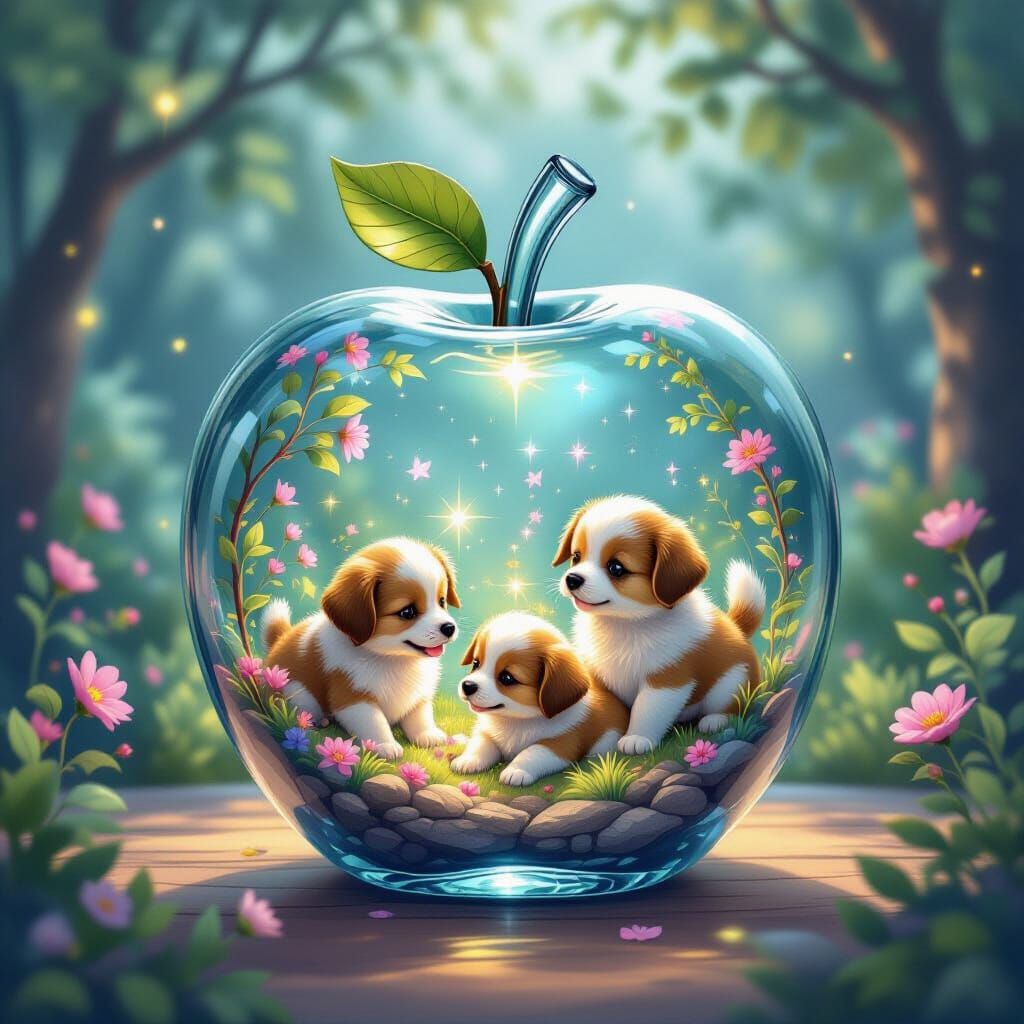 Crystal Apple Holds Miniature World of Playful Puppies