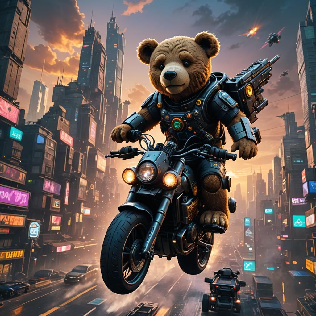 Teddy bear cyberpunk, riding a jet bike towards the setting sun passing through the cyber city