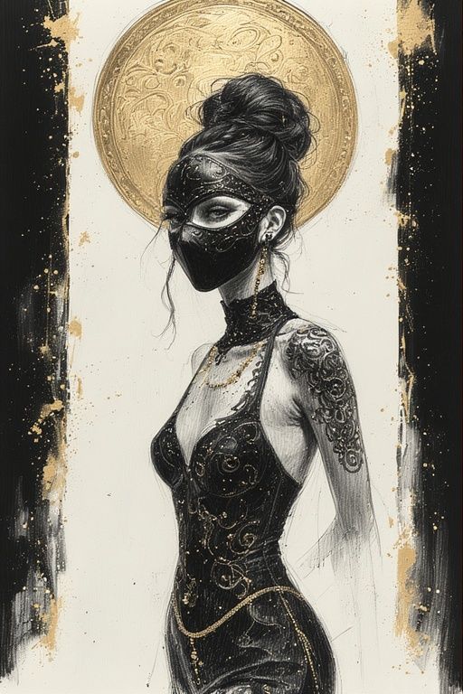 BLACK FEMALE GUNSLINGER IN A VENETIAN MASK DRESSED IN A BLAC...