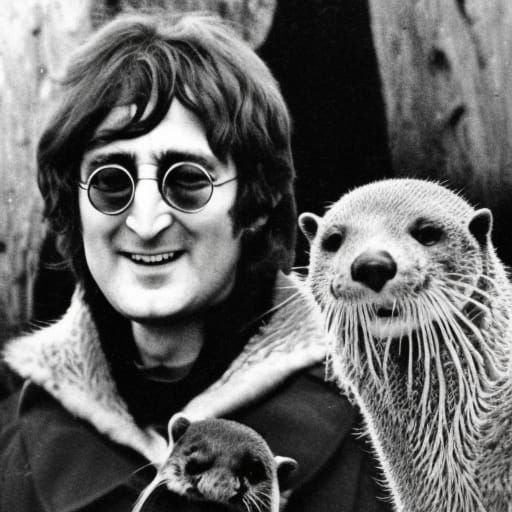 John Lennon surrounded by otters