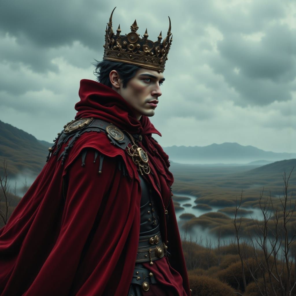 Handsome prince, cloaked in tattered Crimson Red velvet, stands on a windswept, desolate moor. His face ...  by @Susi