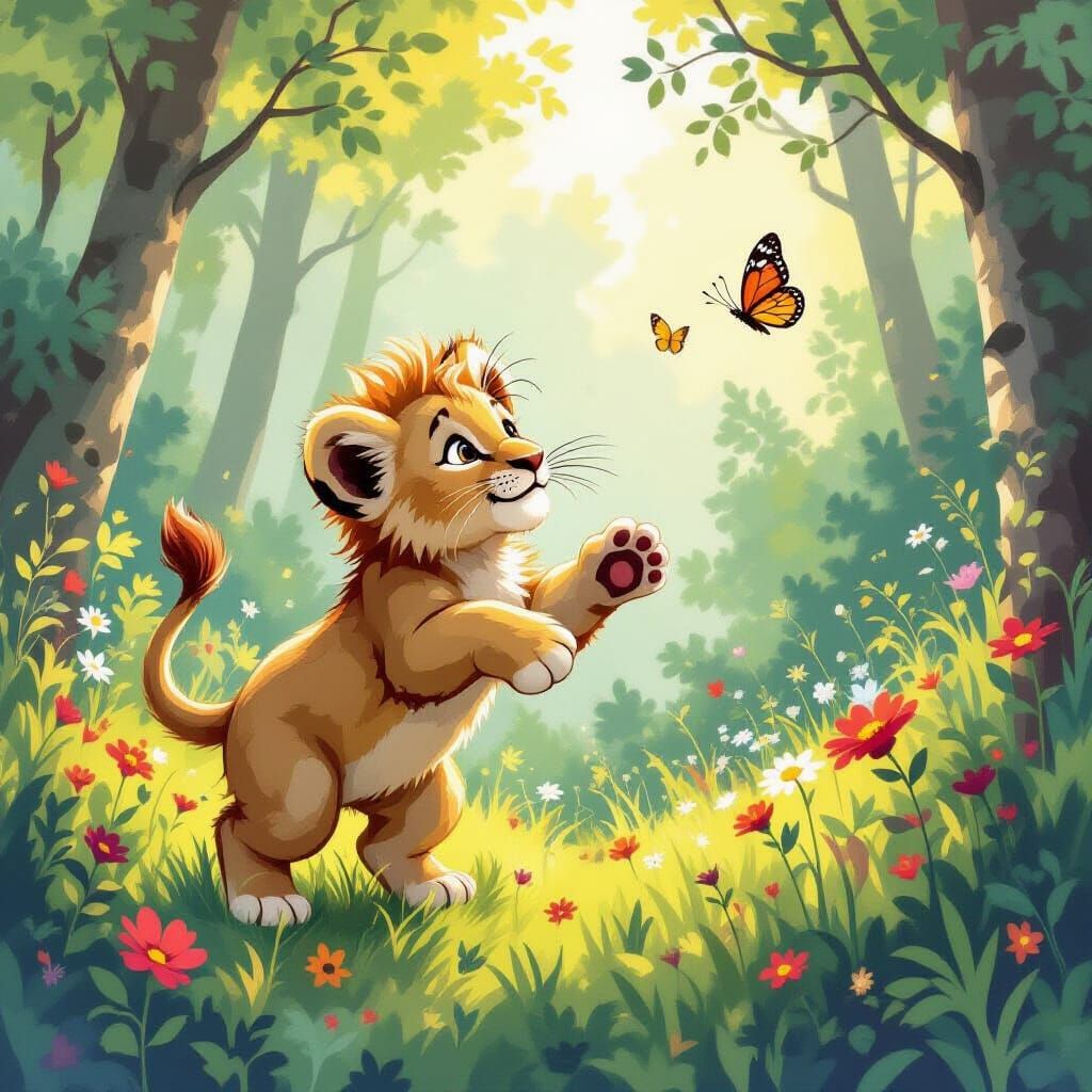 Lion Cub Chasing Butterfly in Whimsical Forest