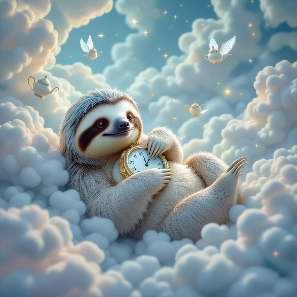 A sloth floating among the clouds, holding a melting clock in its paws, stars slowly spinning around, small winged teapots flying by, soft p...