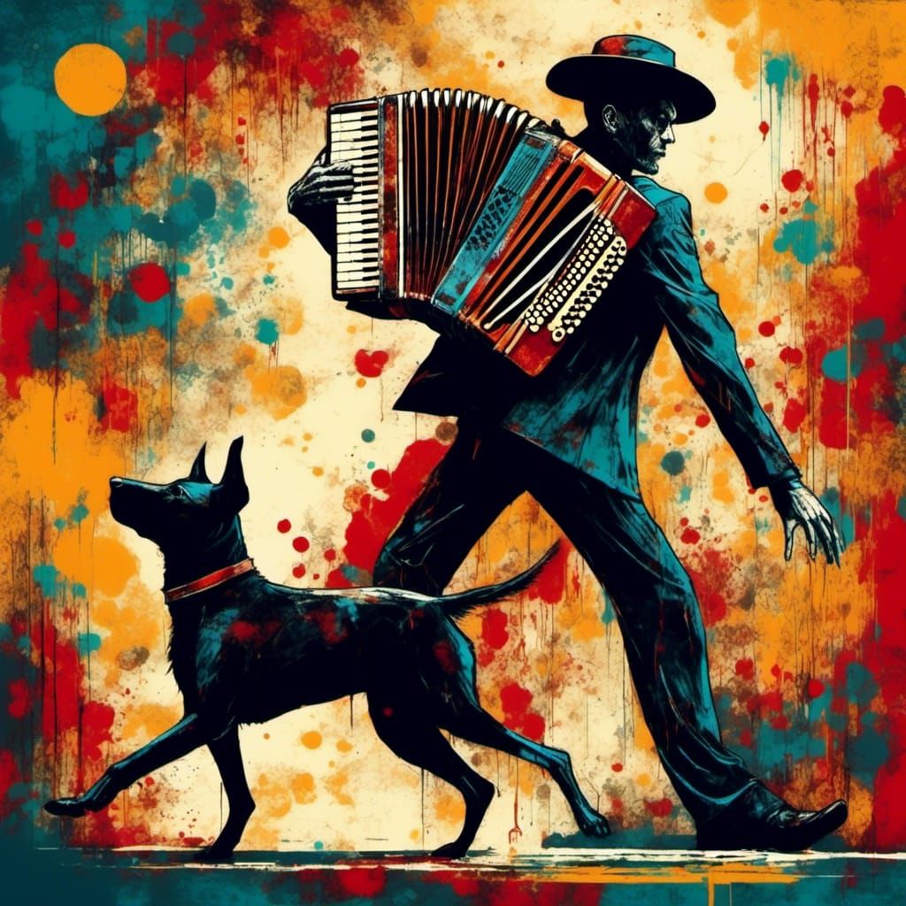 Accordion player and dog