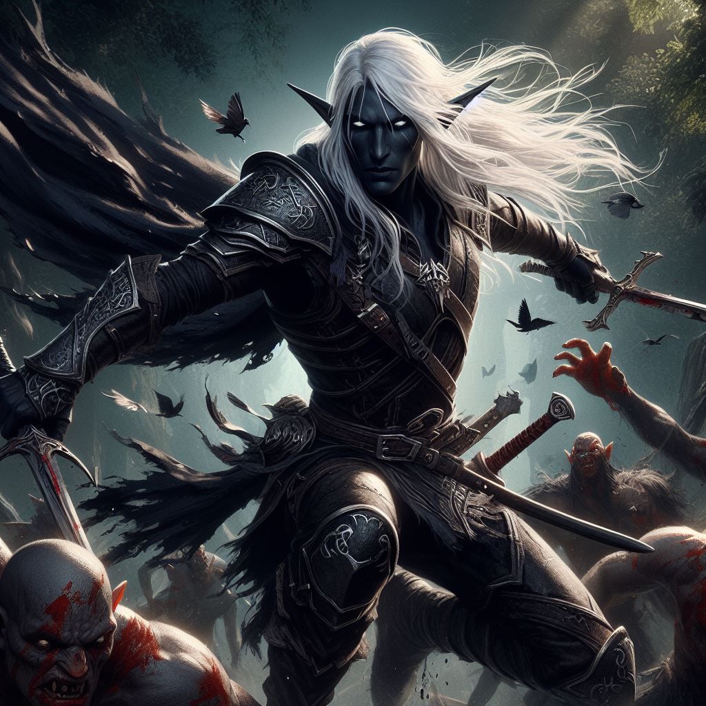 Drow Elf in Battle with Orcs