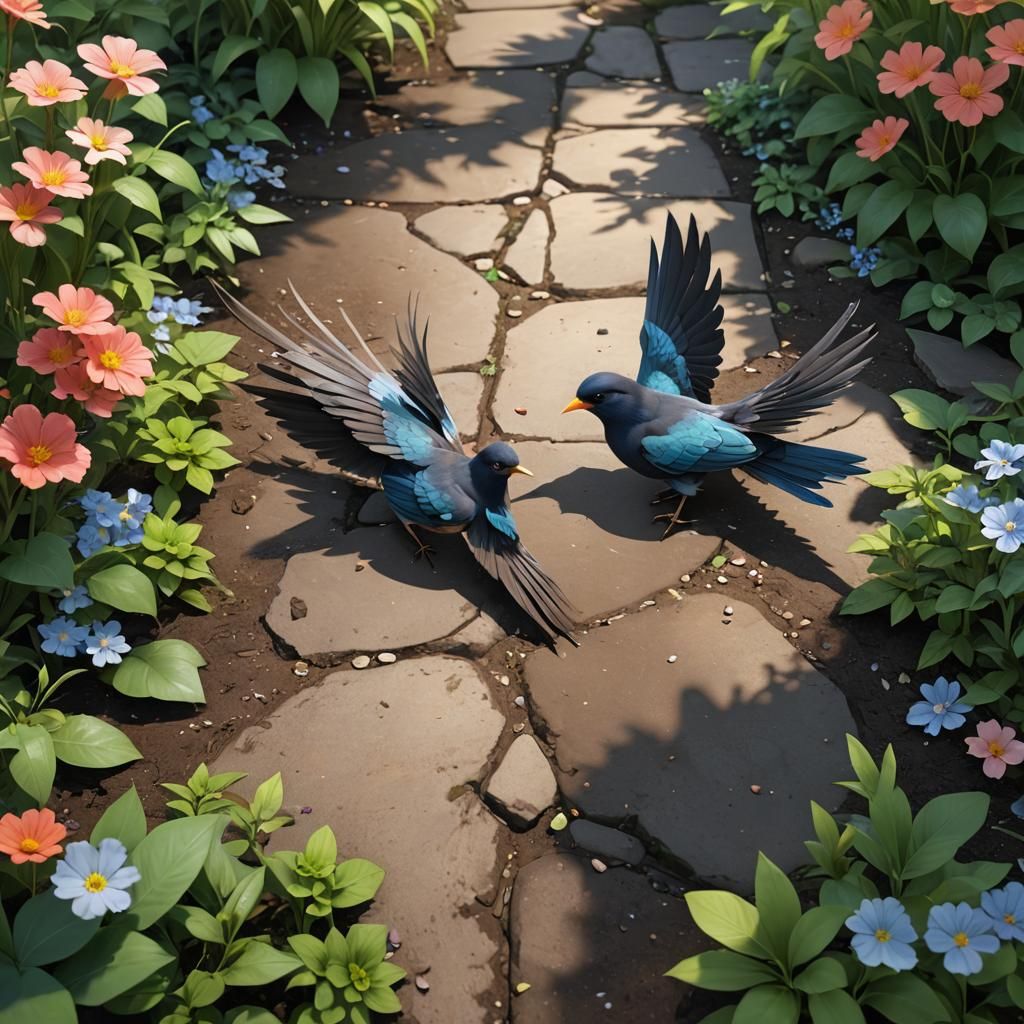 A bird on the ground in a garden, one wing looking different...
