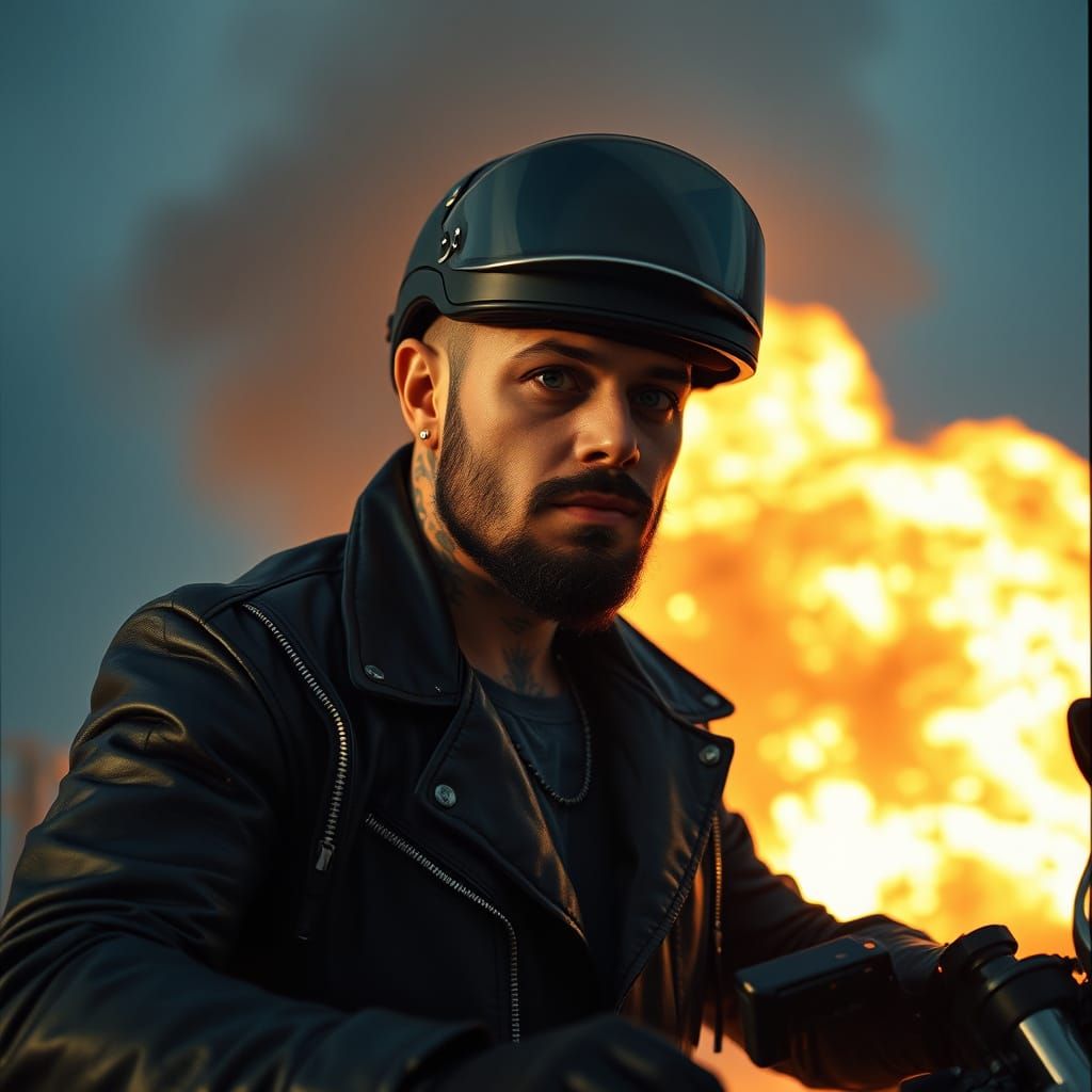 Tough Biker in a Gang, Leather Jacket and Tattoos