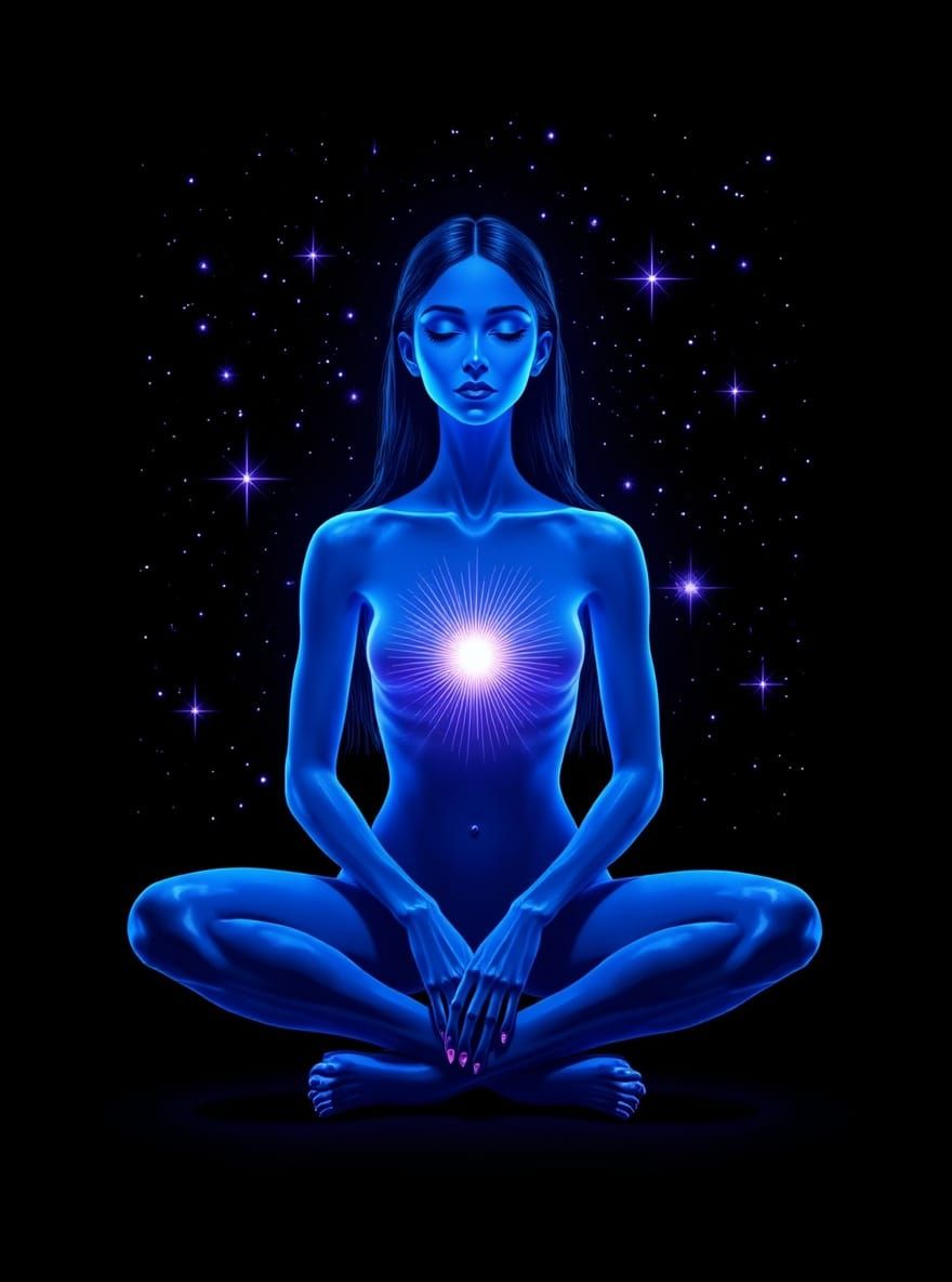 A mesmerizing digital painting of a serene, translucent human figure, seated cross-legged in a contemplative pose, with an ethereal glow ema...