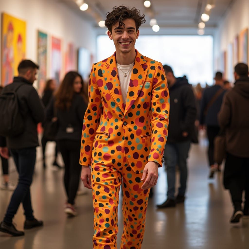 A handsome young man with a playful smirk, dressed in a vibrant jumpsuit inspired by Yayoi Kusama's iconic polka dot patterns, confidently s...