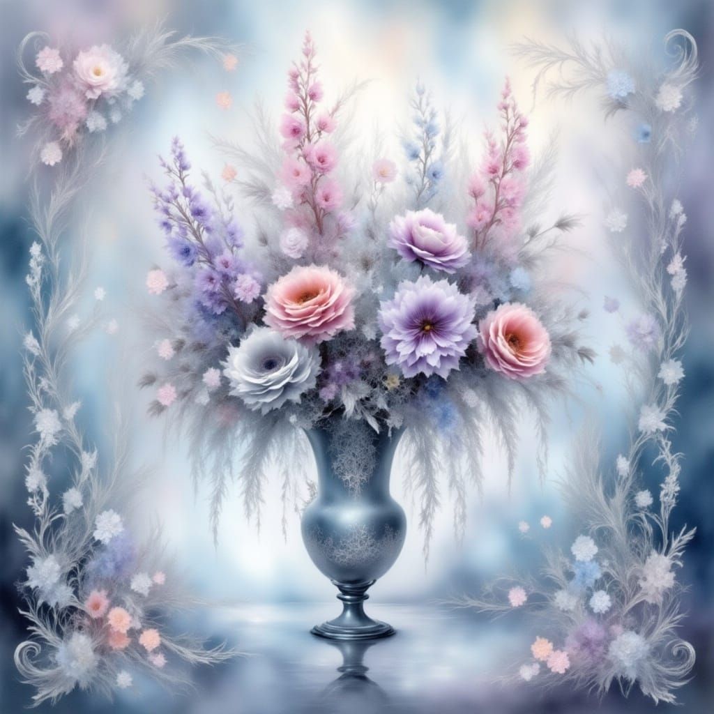 <lora:Dreamy Intensity:1.0> Ethereal watercolor alcohol ink Renaissance oil painting fantasy still life with a vase of flowers in pastel blu...