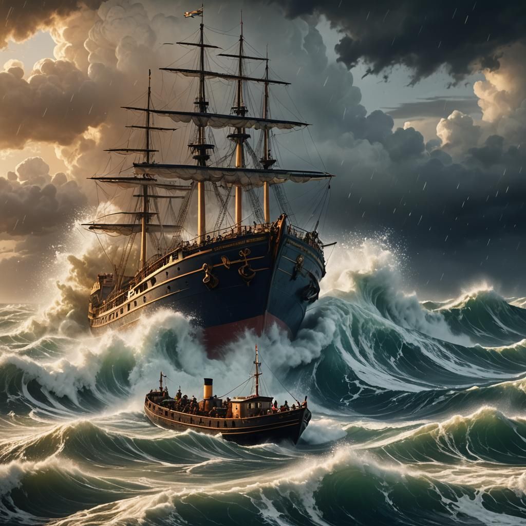 Majestic Ship in Stormy Seas: Cinematic Painting