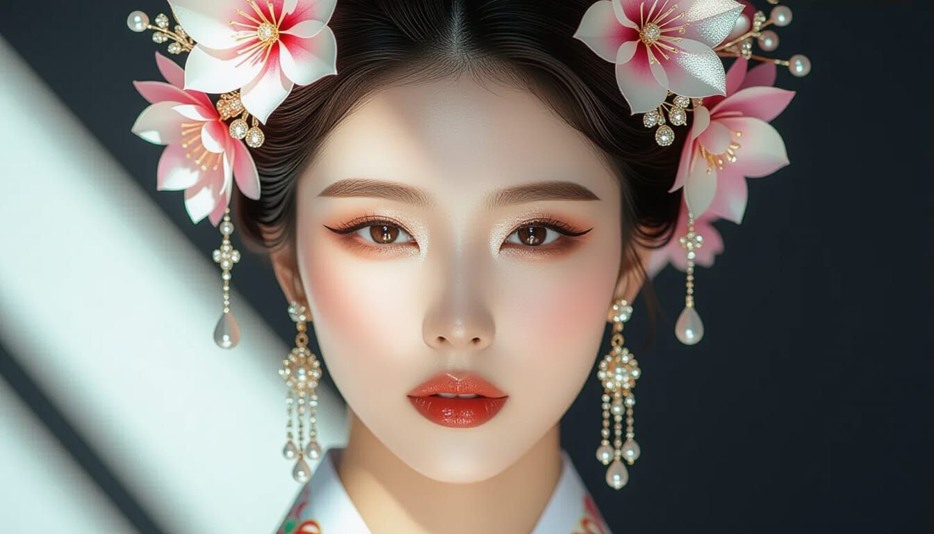 Elegant Pregnant Korean Woman with Floral Headwear