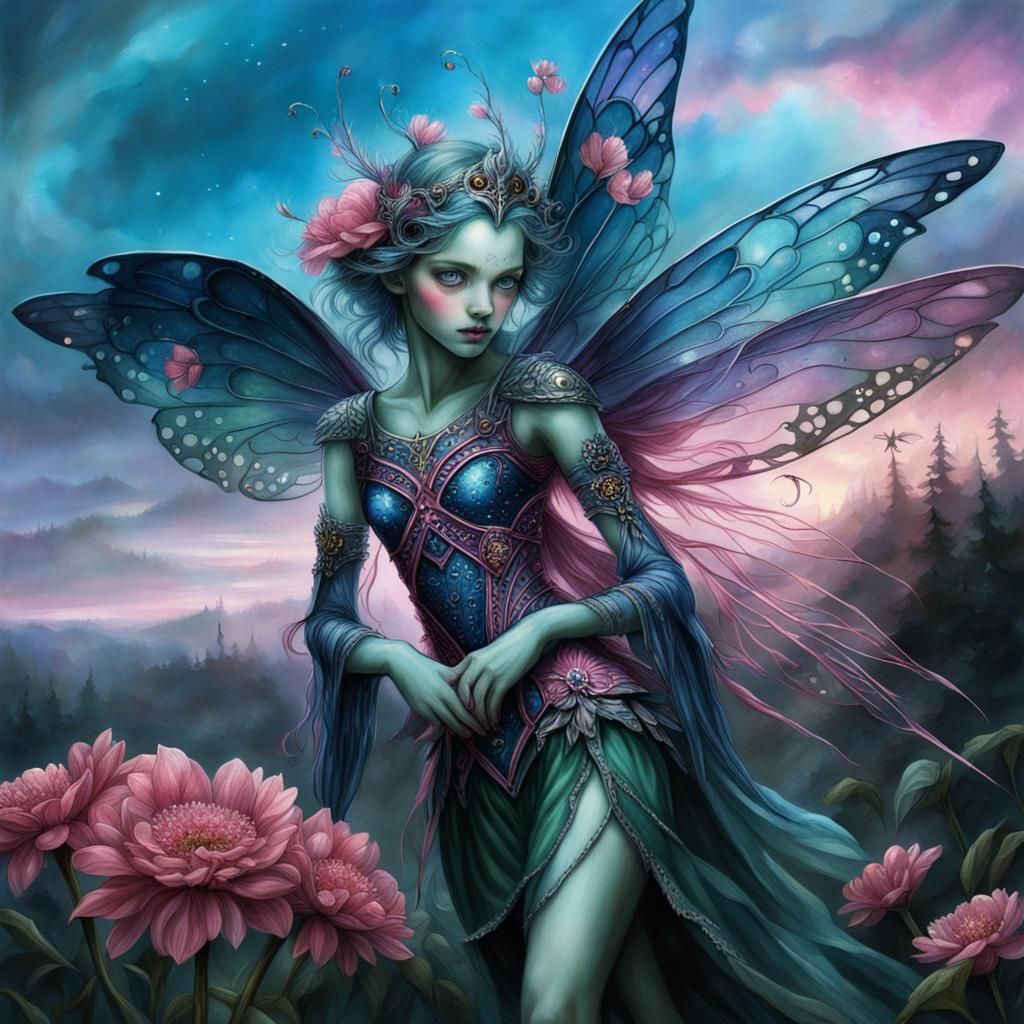  Hyperdetailed Fairy. Twilight. Cool colours. Striking dark green eyes. Pink. Blue. Victoria Frances, Seb McKinnon, Sulamith Wulfing