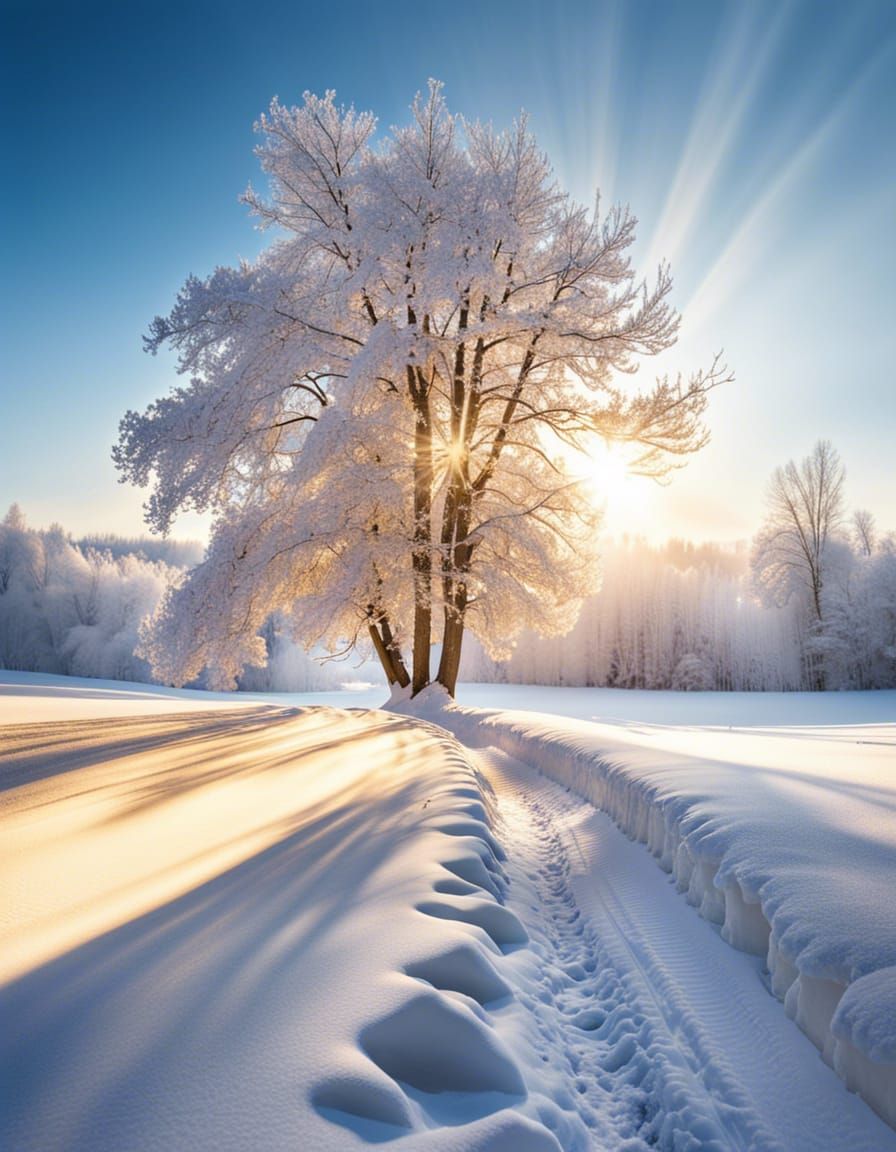 a snowy landscape with the sun shining