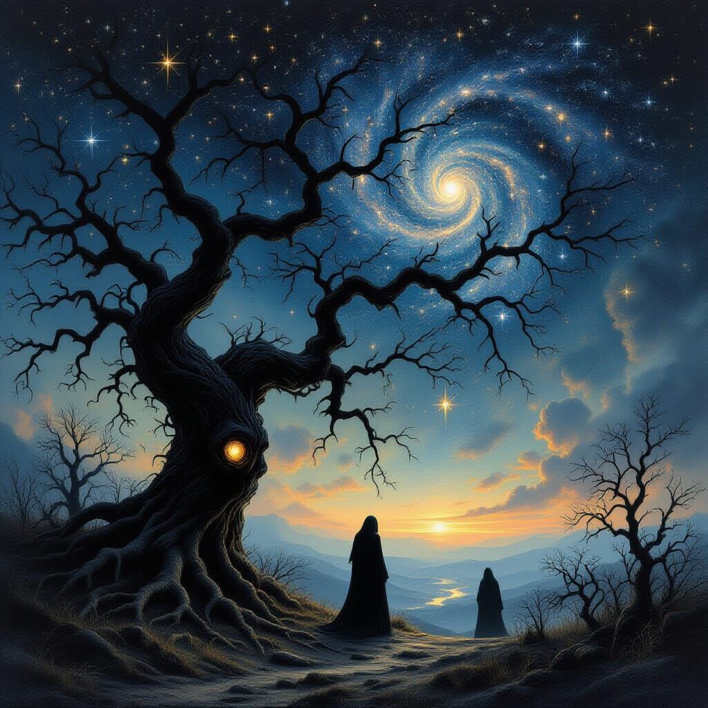 In a hellish forest drowned in complete darkness, twisted black trees rise like claws. Between them, vague shadows of lost sinners stand sti...