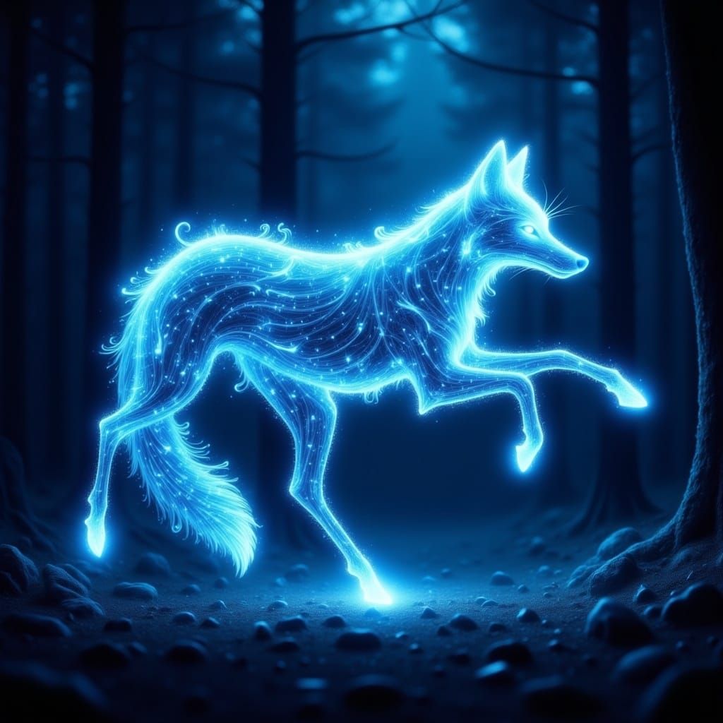 <lora:Ghost Flux:1.0> A stunning magical fox made of blue glowing energy jumping in the middle of the forest , 32k, ultradetailed, intrincat...