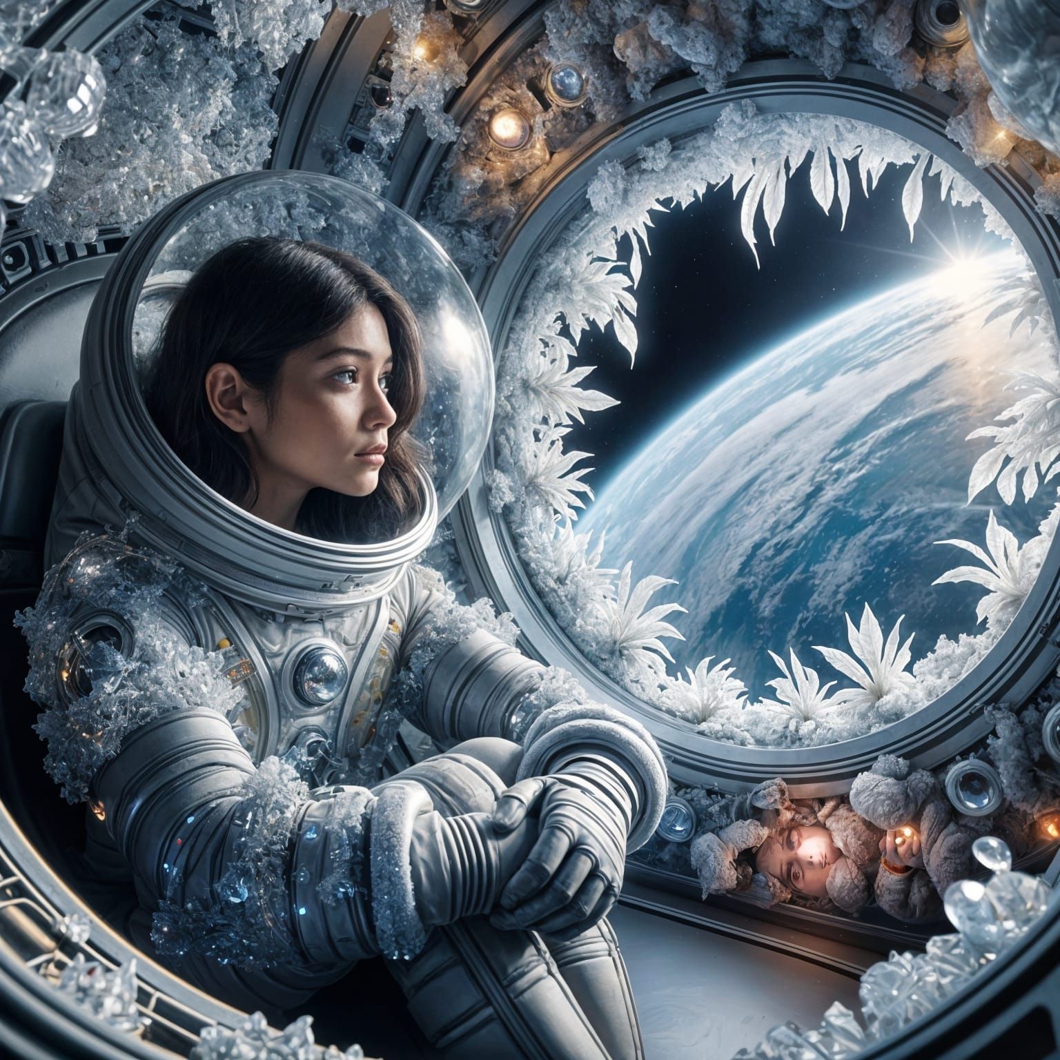 An astronaut child watches Earth from afar.
She sits inside a glass moon pod.
Crystals and space vines curl around surface.