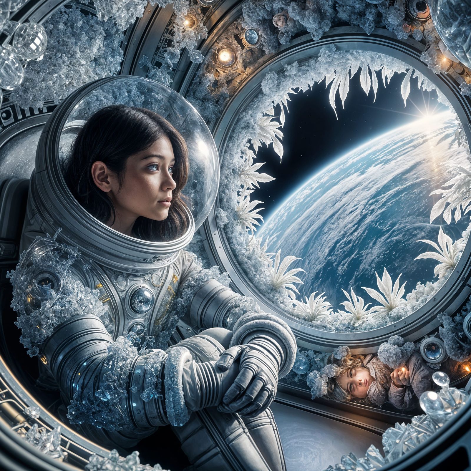 An astronaut child watches Earth from afar.
She sits inside a glass moon pod.
Crystals and space vines ...  by @KomBib