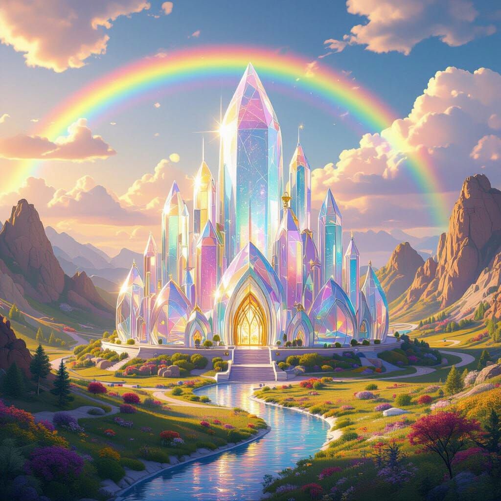 A wide fantasy valley with a giant crystal glass palace sparkling under sunlight, rainbow reflections across the sky, magical dreamy atmosph...