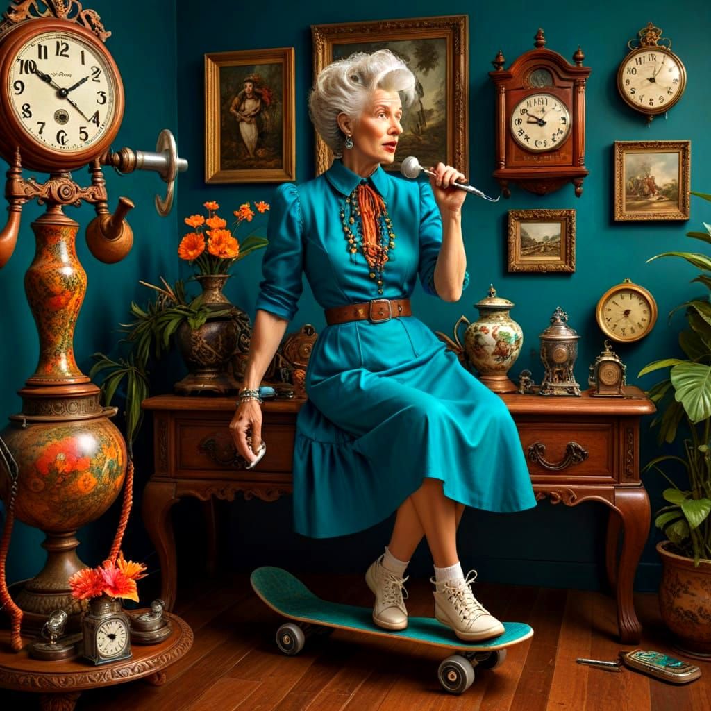 Elegant Woman Rides Skateboard Amidst Whimsical Antique Deli...