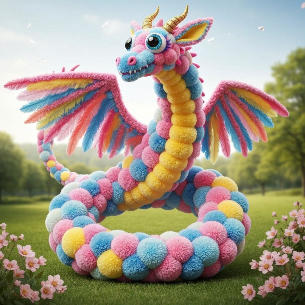 Imagine a whimsical dragon crafted entirely from colorful pom poms in shades of pink, blue, and yellow. ...  by @Alex