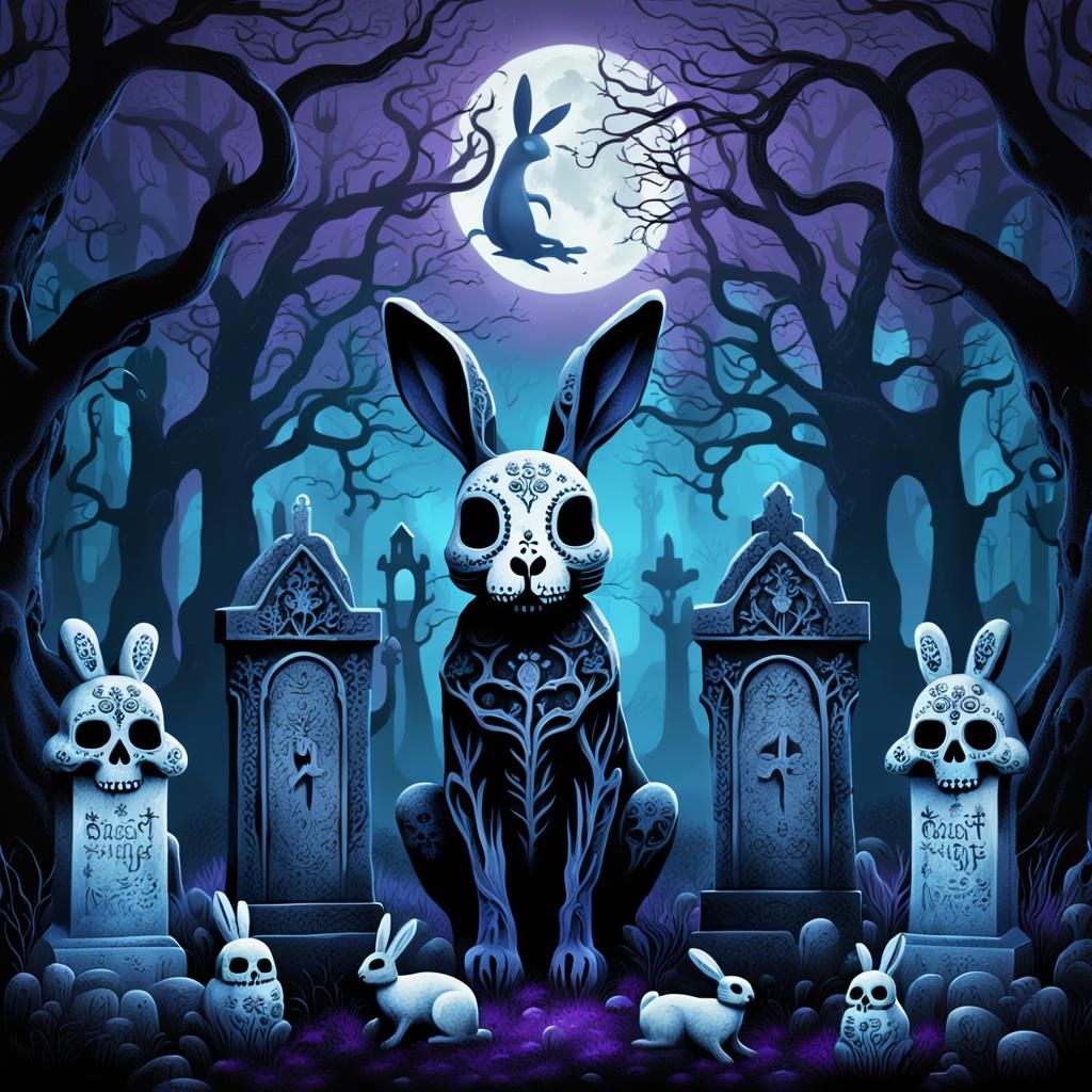 Sugarskull rabbits in a forest, gothic scene 