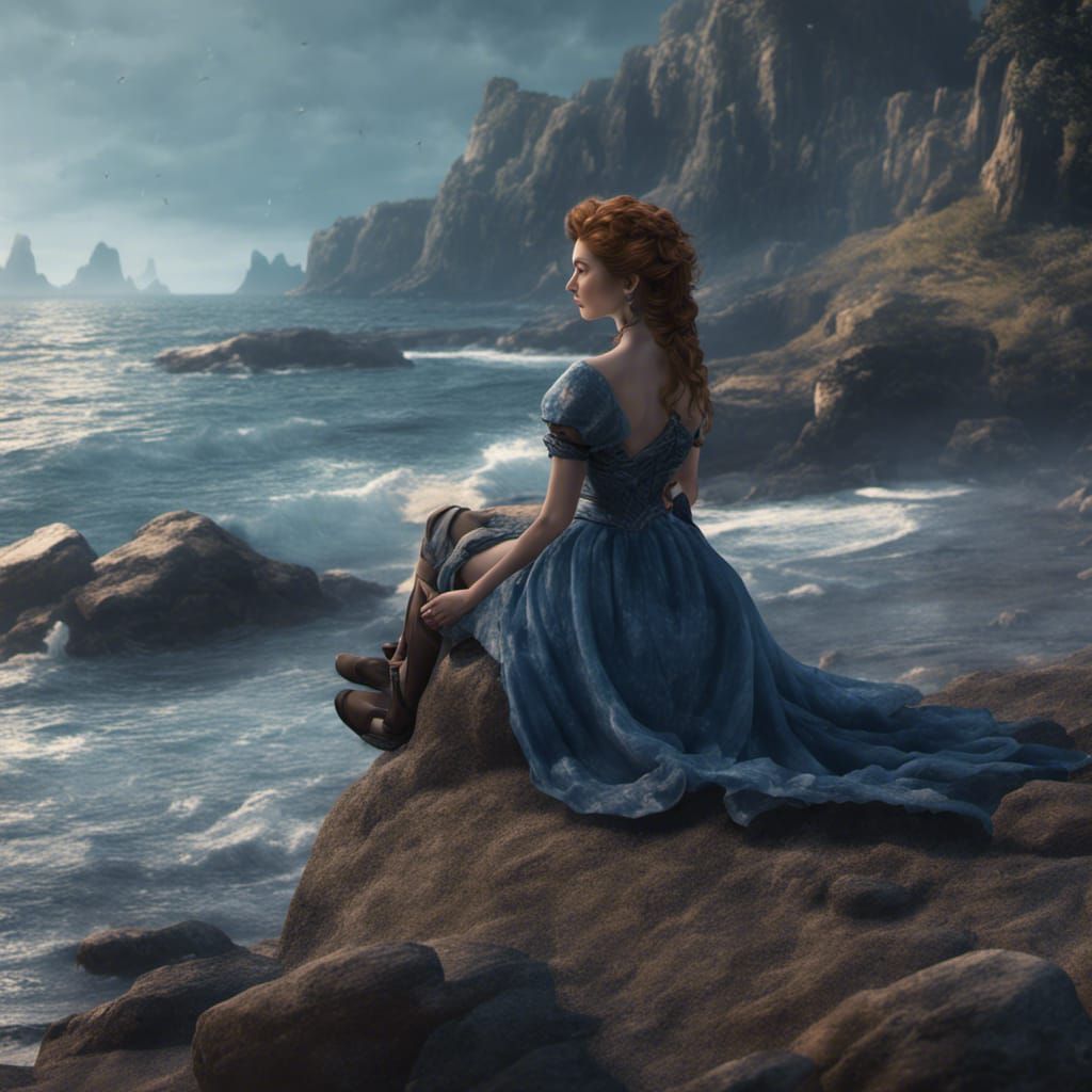 A giel sitting alone by sea shore in blue dress