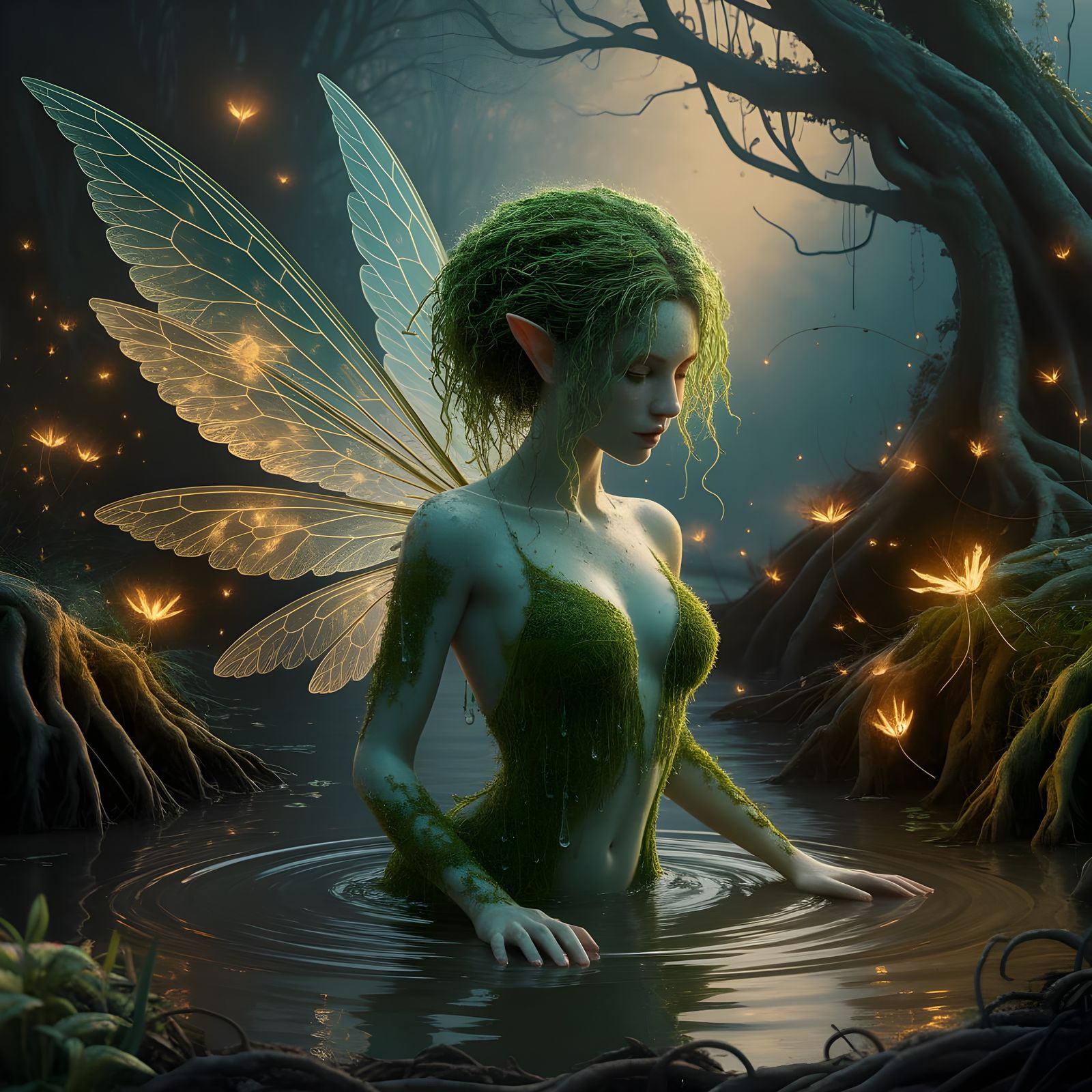 "A swamp fairy with skin textured like moss, tangled hair dripping with algae, wings shaped like wet, ...  by @Karina 