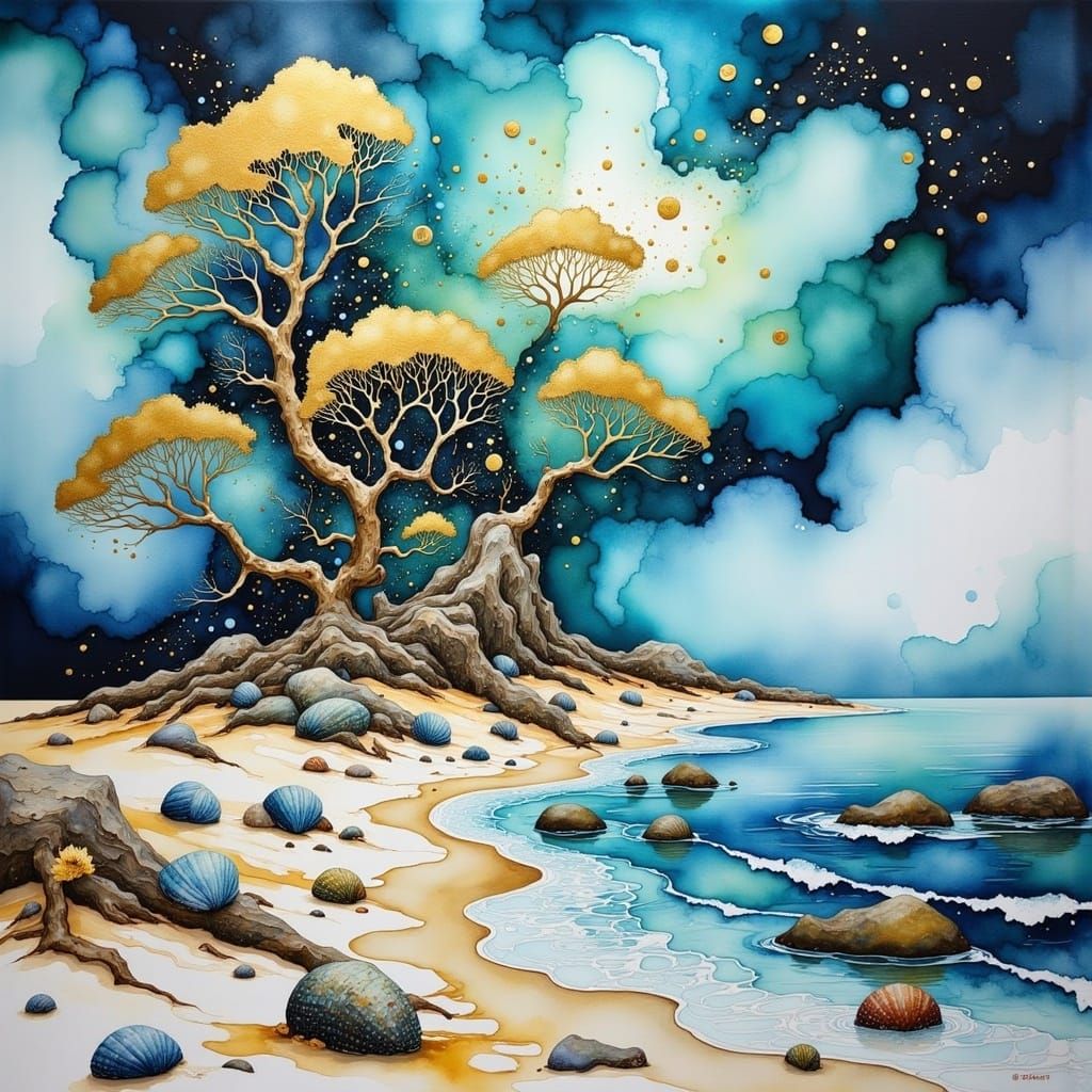 <lora:whimsical ink:1.0> Island of Forgotten Shells, Deserted Beach,,wide winkle, high details, masterpiece